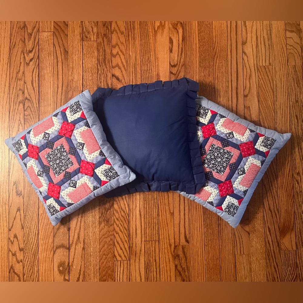 Quilted Accent Pillow Set, Red, White & Blue Americana Theme, Handmade